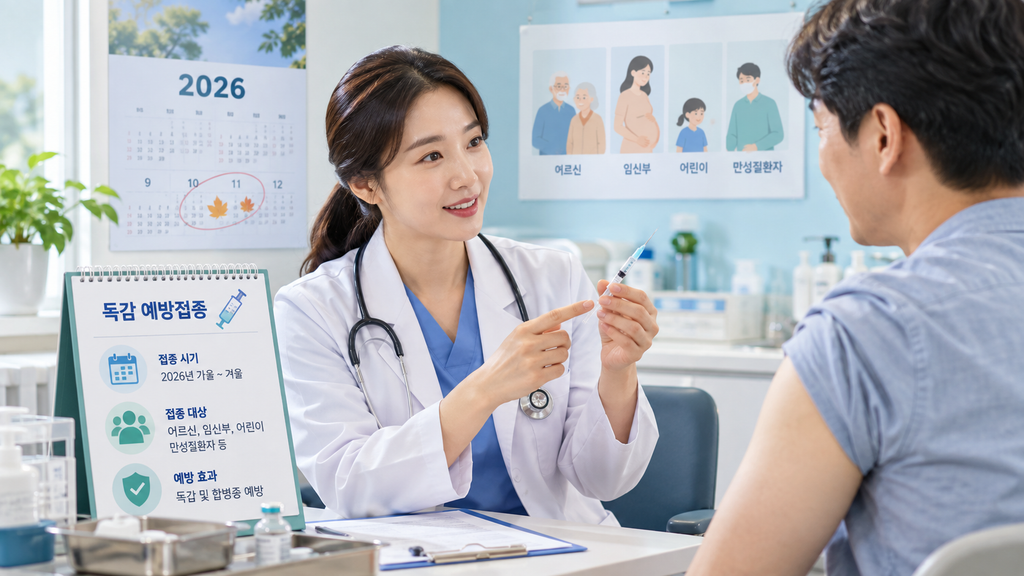2026 독감 예방접종을 앞두고 의료진에게 접종 대상과 일정을 설명 듣는 성인