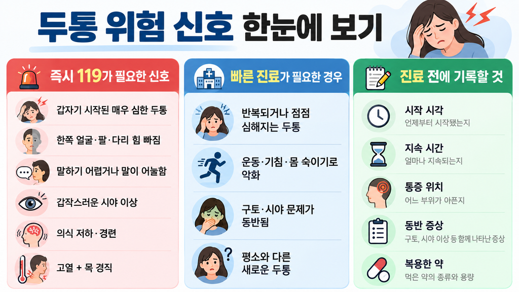 갑작스러운 심한 두통, 한쪽 마비, 말하기 어려움, 시야 이상, 의식 저하 등 두통 위험 신호를 정리한 인포그래픽