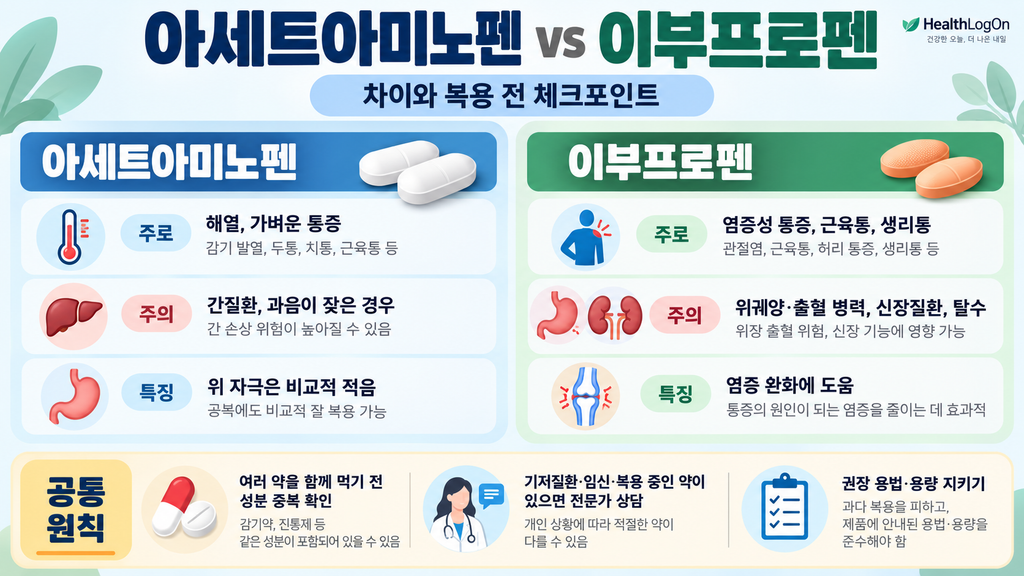 아세트아미노펜과 이부프로펜의 효과와 간·위장·신장 주의사항을 비교한 인포그래픽