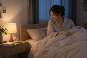 성인 권장 수면시간을 위해 조명을 낮춘 침실에서 잠자리를 준비하는 성인