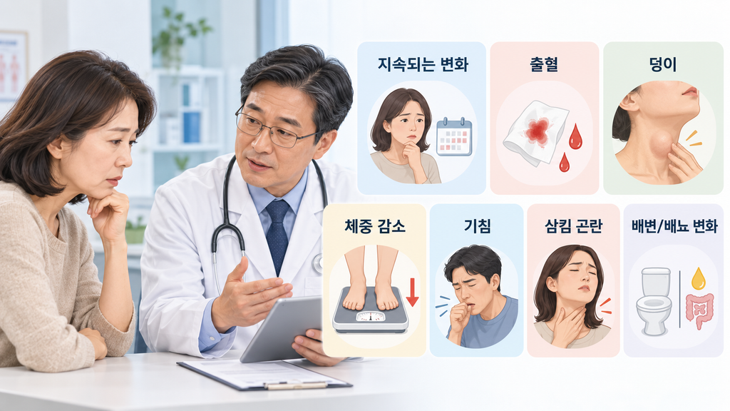 암 증상만으로 판단할 수 없는 이유와 진료가 필요한 신호를 설명하는 의사와 환자 이미지