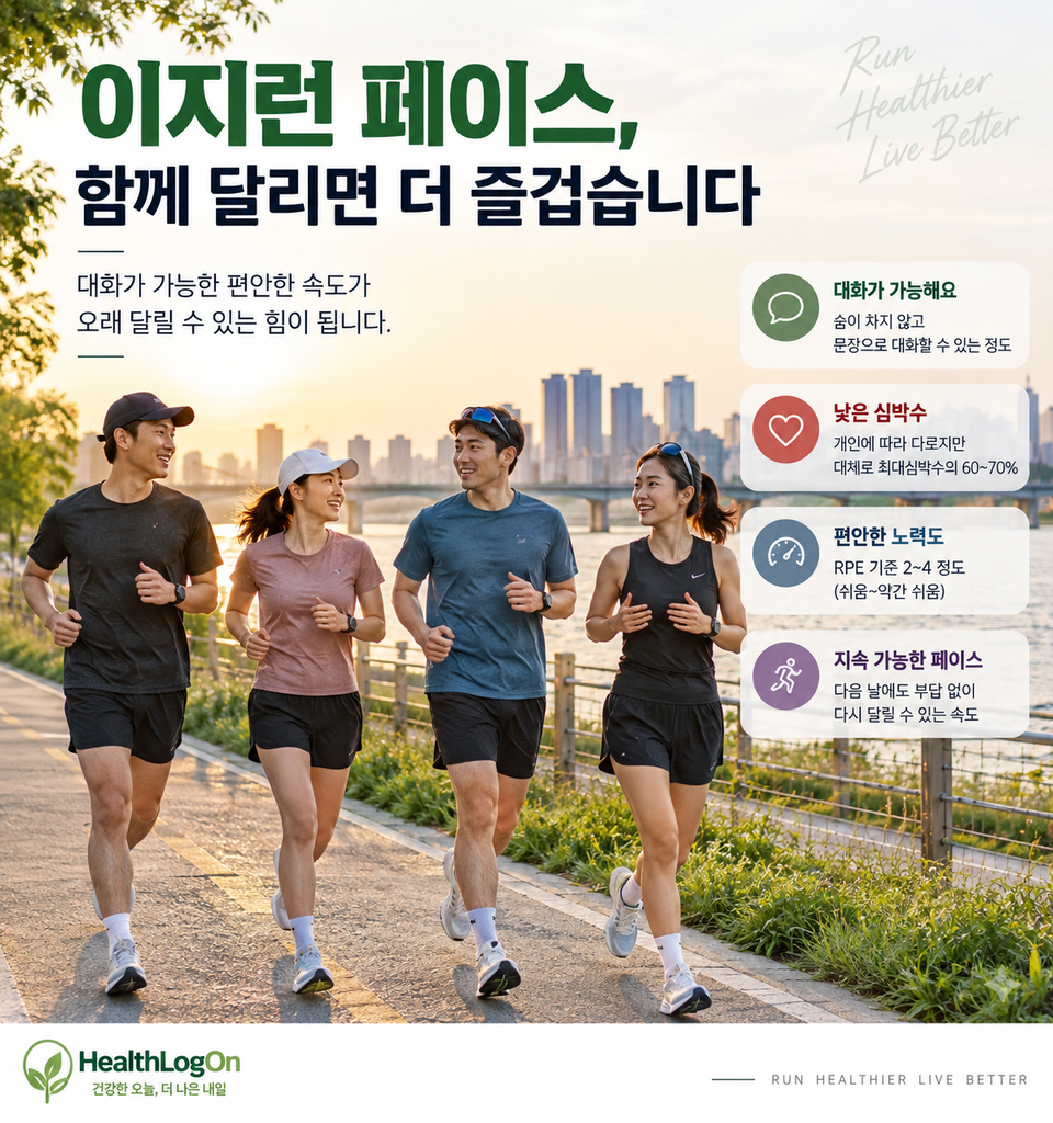이지런 페이스로 대화하며 강변을 편안하게 달리는 러너들