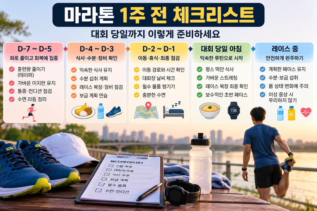 마라톤 1주 전 체크리스트를 D-7부터 대회 당일까지 단계별로 정리한 러너 준비 인포그래픽