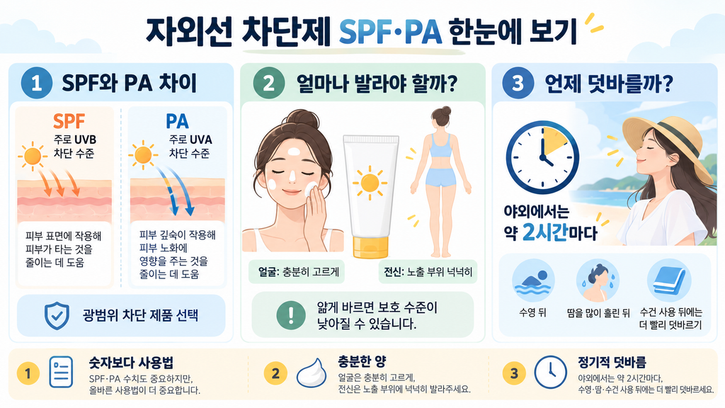 자외선 차단제 SPF·PA 차이와 바르는 양, 약 2시간마다 덧바르는 방법을 정리한 인포그래픽