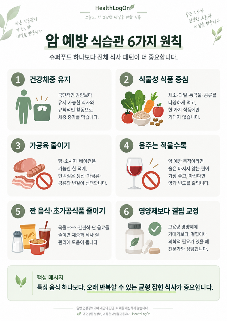 암 예방 식습관 6가지 원칙을 건강체중, 식물성 식품, 가공육, 음주, 초가공식품, 영양제로 정리한 인포그래픽
