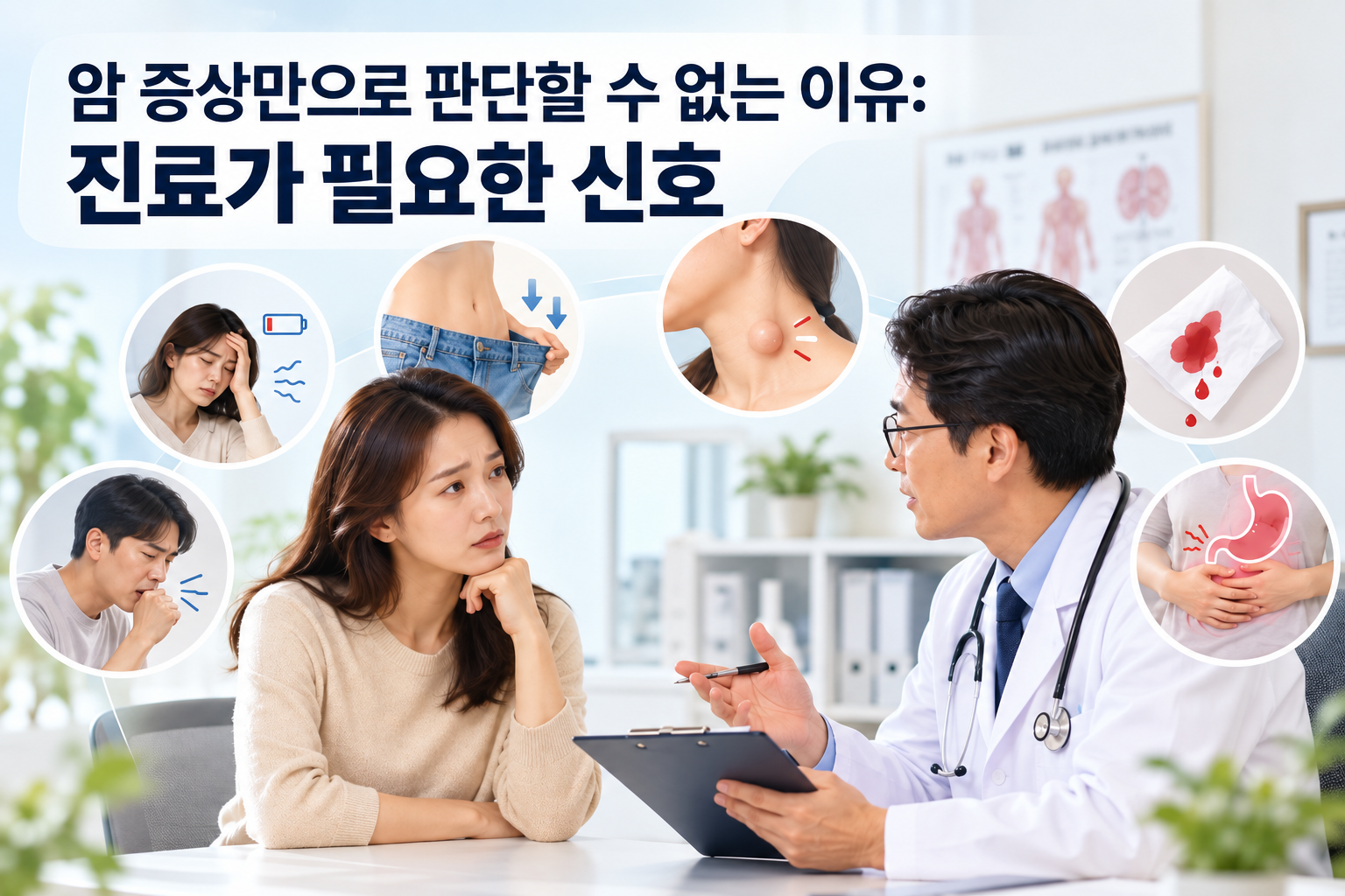 피로, 체중 감소, 덩이, 출혈, 기침, 소화기 증상을 보며 의사와 환자가 상담하는 암 증상 안내 이미지