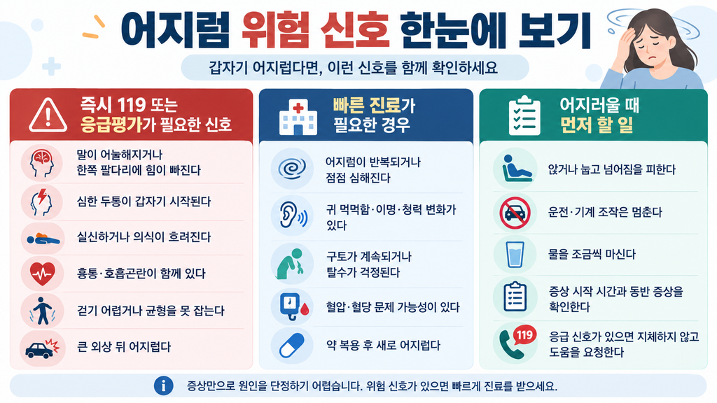 어지럼 위험 신호와 즉시 119가 필요한 증상을 정리한 인포그래픽