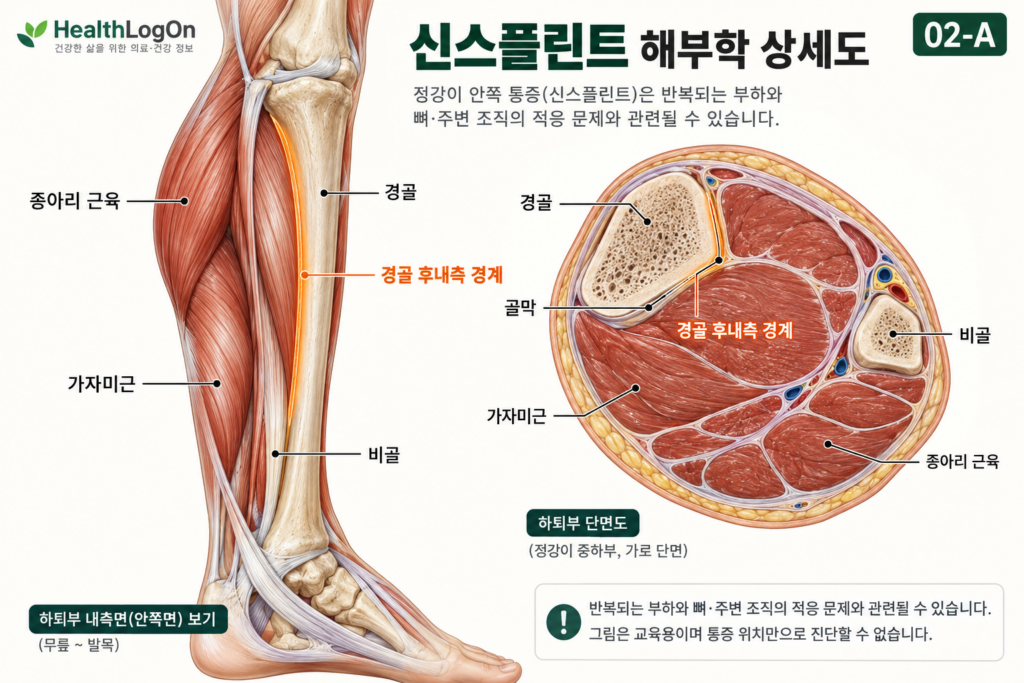 ALT(대체텍스트): 하퇴 내측 해부학과 횡단면을 함께 표시하여 경골, 비골, 종아리 근육, 가자미근, 골막과 경골 후내측 경계의 관계를 보여주는 그림