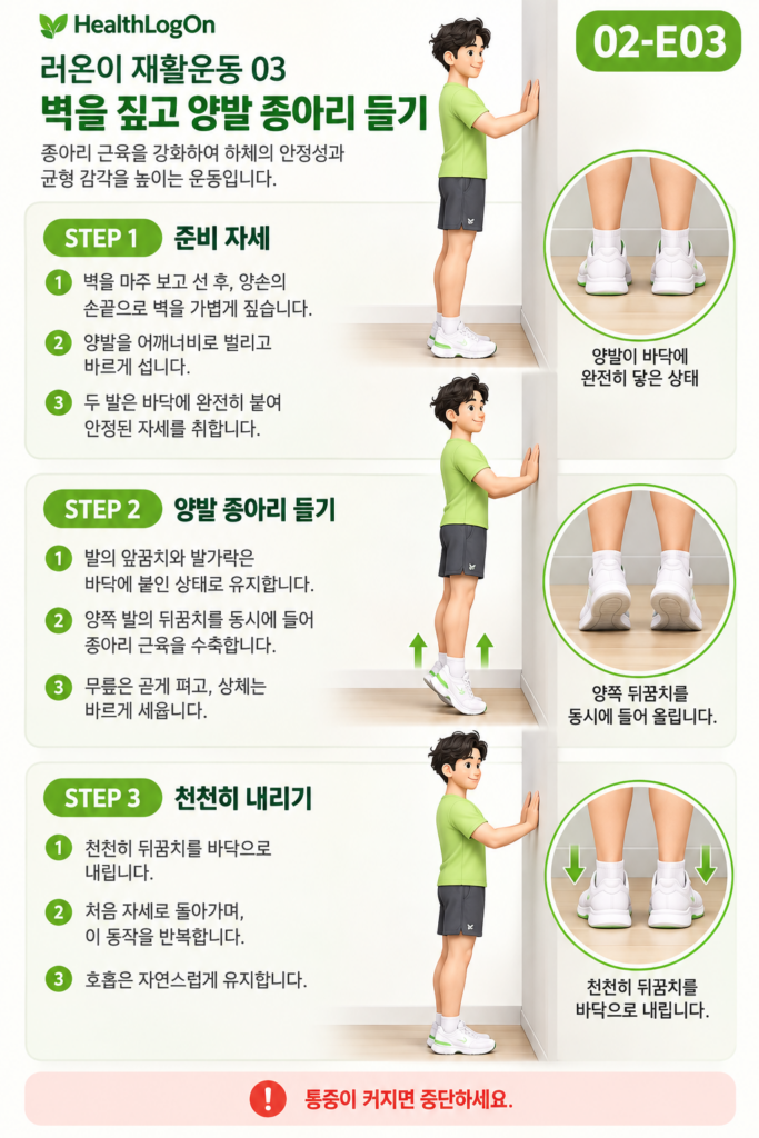 러온이가 벽에 손을 가볍게 대고 두 발로 서서 양쪽 뒤꿈치를 동시에 들고 천천히 내리는 동작을 세 단계로 보여주는 카드