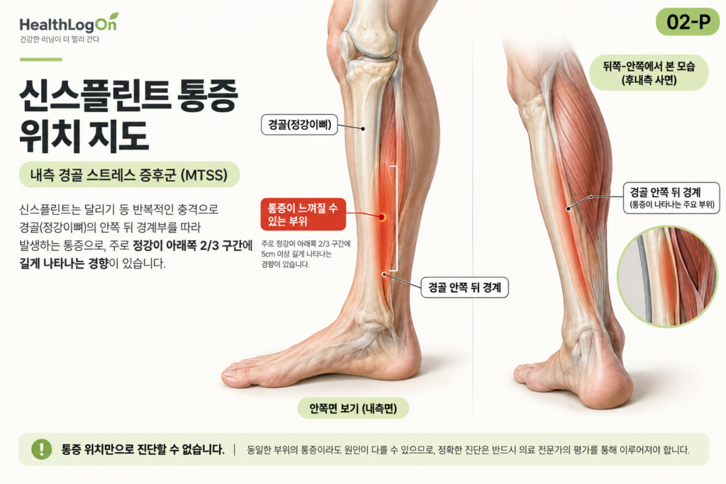 정강이 안쪽과 뒤안쪽에서 바라본 하퇴 해부학 그림에 신스플린트 통증이 나타날 수 있는 경골 후내측 경계를 긴 붉은 영역으로 표시한 그림