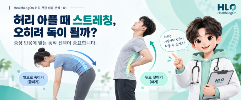 허리 앞으로 굽히기와 뒤로 젖히기 동작을 비교하며 허리 통증 시 스트레칭을 무조건 따라 하지 말라고 안내하는 헬스로그온 대표이미지
