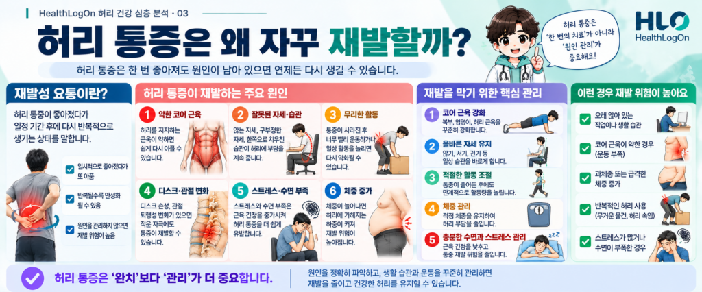 조직 상태, 수면과 스트레스, 일상 활동과 환경이 요통 경험에 함께 영향을 줄 수 있음을 보여주는 연결 도식