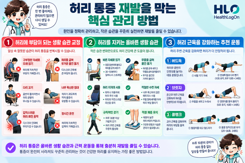 허리 통증 악화 시 무리한 동작을 줄이면서 가능한 일상 활동을 유지하고 경과에 따라 조절하는 안내도