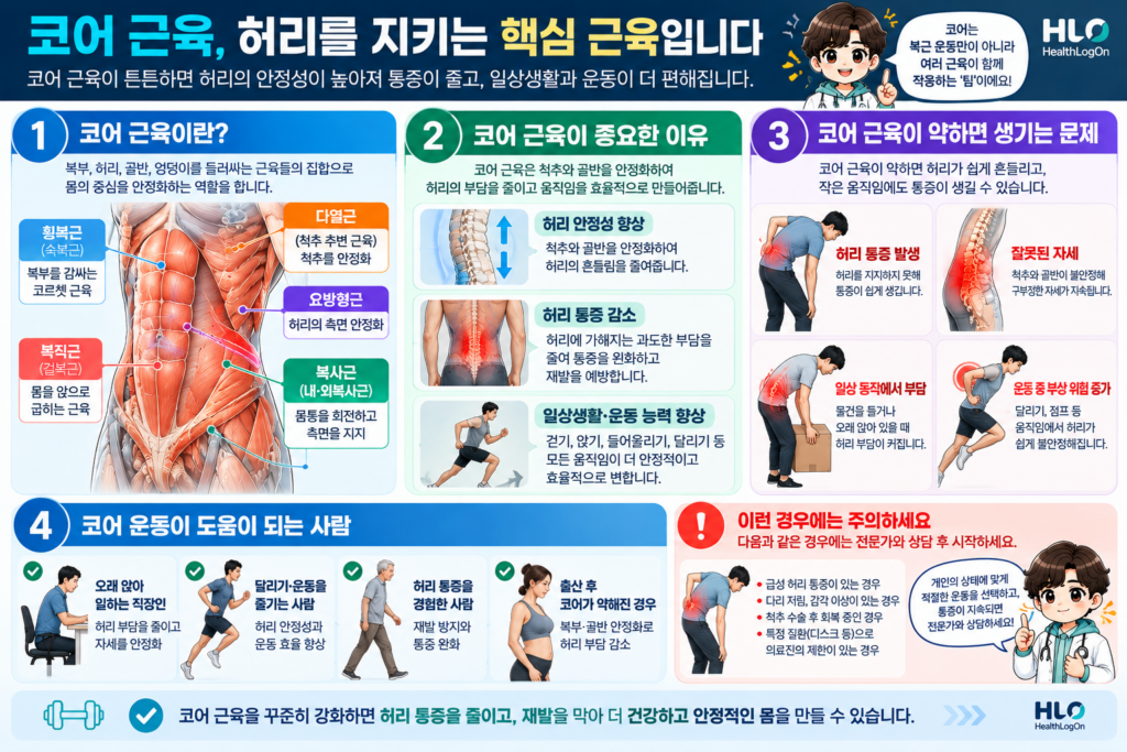 주요 코어 근육의 위치와 몸통 안정성에 기여하는 역할을 설명하는 헬스로그온 인포그래픽