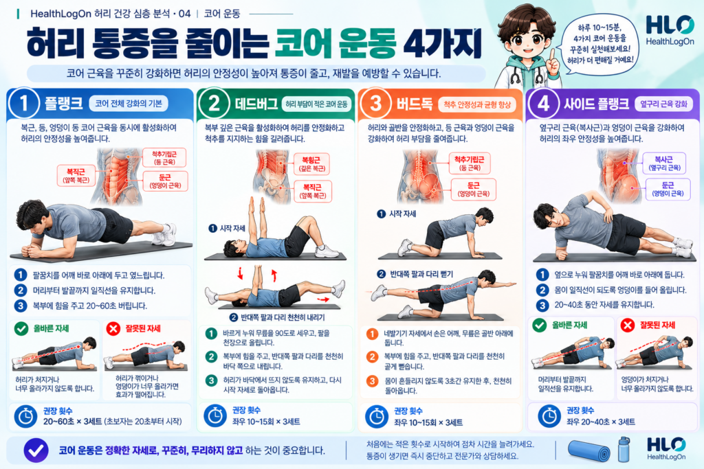 플랭크, 데드버그, 버드독, 사이드 플랭크의 동작과 자세를 비교해 보여주는 허리 코어 운동 인포그래픽