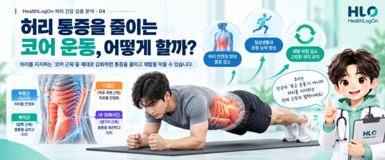 버드독과 브리지 같은 코어 운동을 보여주면서 허리 건강에 맞는 운동 강도 선택을 강조하는 대표이미지