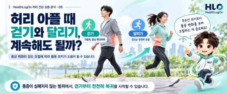 허리 통증을 경험하는 사람이 걷기와 달리기 활동을 조절하는 상황을 표현한 헬스로그온 대표이미지