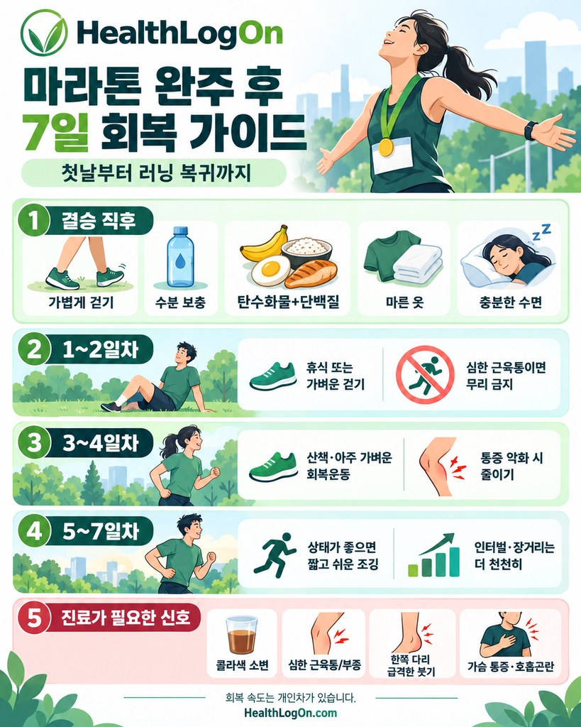 마라톤 완주 후 7일 회복 가이드 인포그래픽. 결승 직후부터 1~2일차, 3~4일차, 5~7일차 회복 방법과 진료가 필요한 신호를 정리한 HealthLogOn 이미지