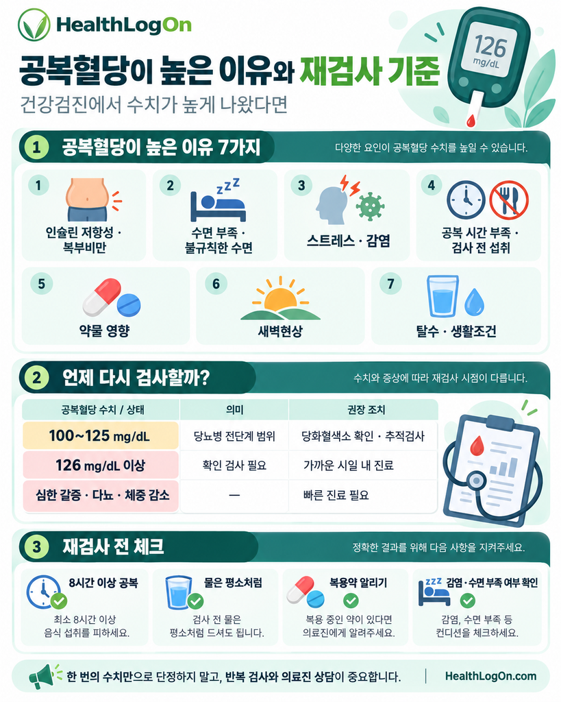 공복혈당이 높아지는 7가지 원인과 재검사 기준을 정리한 HealthLogOn 인포그래픽. 인슐린 저항성, 수면 부족, 스트레스, 금식 조건, 약물, 새벽현상, 탈수와 공복혈당 100~125 및 126mg/dL 이상일 때의 검사 방법을 안내