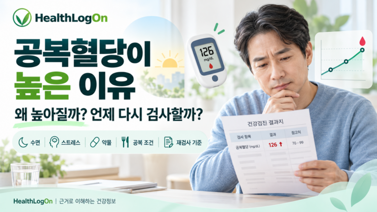 공복혈당이 높은 이유를 설명하는 HealthLogOn 대표이미지. 건강검진 결과표에서 공복혈당 126mg/dL를 확인하는 남성과 혈당측정기, 수면·스트레스·약물·금식 조건을 나타내는 아이콘