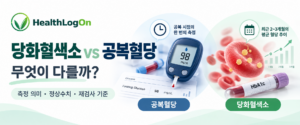 당화혈색소와 공복혈당의 차이를 설명하는 HealthLogOn 대표이미지. 공복 시점의 혈당을 나타내는 혈당측정기와 최근 2~3개월 혈당 경향을 나타내는 적혈구·당화혈색소 검사 이미지를 비교