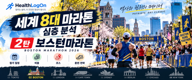 보스턴 도심과 마라톤 결승 분위기를 배경으로 “세계 8대 마라톤 심층 분석 2탄 보스턴마라톤”이라는 제목이 들어간 HealthLogOn 대표이미지