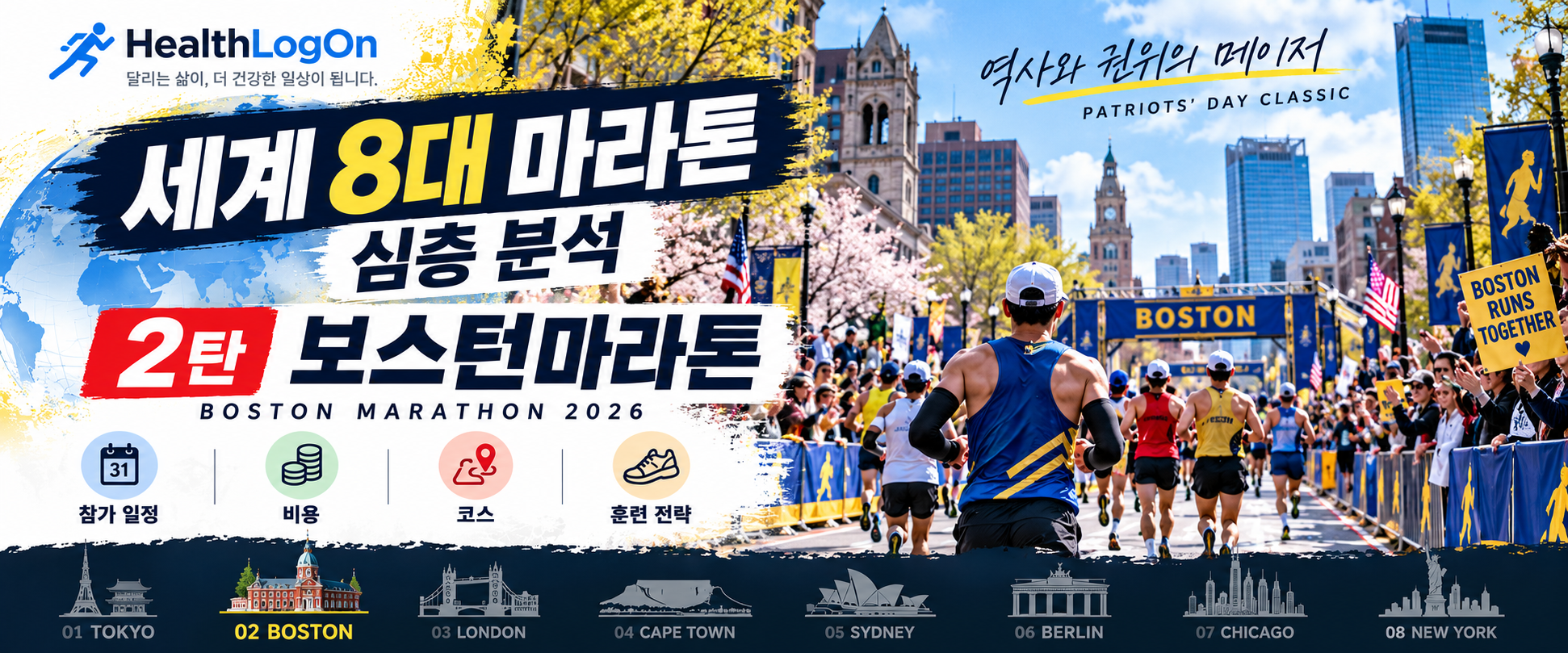 보스턴 도심과 마라톤 결승 분위기를 배경으로 “세계 8대 마라톤 심층 분석 2탄 보스턴마라톤”이라는 제목이 들어간 HealthLogOn 대표이미지