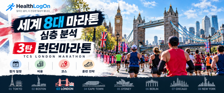 세계 8대 마라톤 심층 분석 3탄 | 런던마라톤 대표이미지 대체 텍스트 (ALT) 런던 타워브리지와 빅벤, 마라톤 참가자들을 배경으로 '세계 8대 마라톤 심층 분석 3탄 런던마라톤' 제목이 표시된 HealthLogOn 대표이미지.