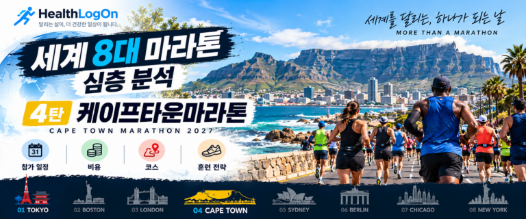 테이블마운틴과 케이프타운 해안 도시를 배경으로 러너들이 달리는 모습. '세계 8대 마라톤 심층 분석 4탄 케이프타운마라톤' 제목과 HealthLogOn 로고가 표시된 대표이미지.