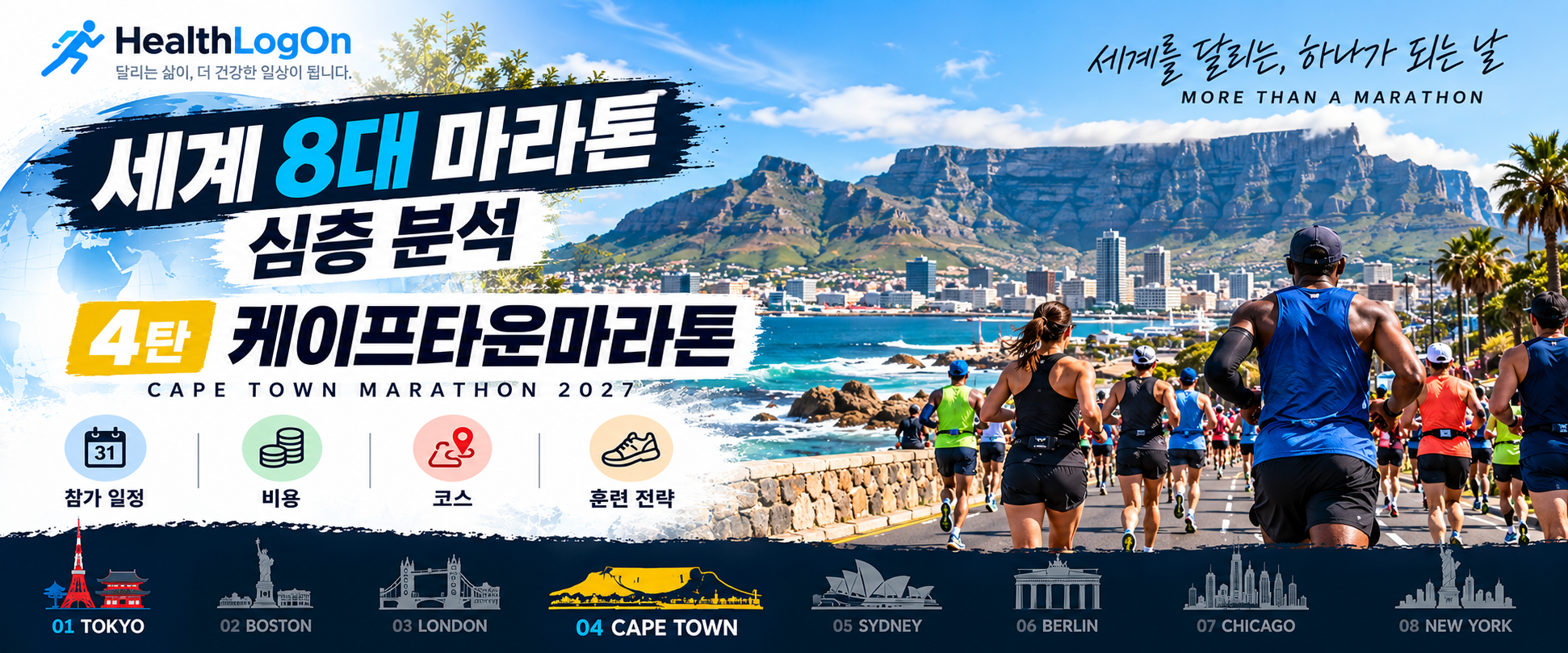 테이블마운틴과 케이프타운 해안 도시를 배경으로 러너들이 달리는 모습. '세계 8대 마라톤 심층 분석 4탄 케이프타운마라톤' 제목과 HealthLogOn 로고가 표시된 대표이미지.