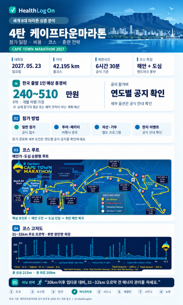 2027 케이프타운마라톤 개최일 5월 23일, 풀코스 42.195km, 제한시간 6시간 30분, 한국 출발 예상 경비 240~510만원, 참가 방법, 해안·도심 코스 지도, 누적 상승고도 215m와 후반 오르막을 정리한 HealthLogOn 인포그래픽.