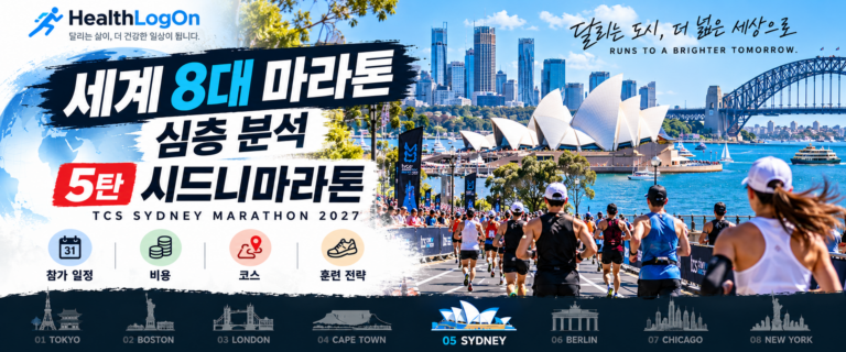 시드니 오페라하우스와 하버브리지, 항구 도시 풍경을 배경으로 러너들이 달리는 모습과 ‘세계 8대 마라톤 심층 분석 5탄 시드니마라톤’ 제목이 표시된 HealthLogOn 대표이미지.
