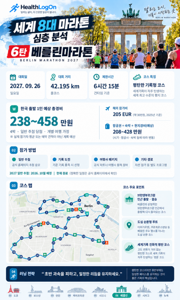 2027 베를린마라톤의 9월 26일 개최일, 풀코스 42.195km, 제한시간 6시간 15분, 한국 출발 예상 경비 238~458만원, 참가 방법, 베를린 도심 코스 지도와 러닝 전략을 정리한 HealthLogOn 인포그래픽.