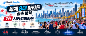 시카고 도심 스카이라인과 미시간호수 호숫가 도로를 따라 달리는 마라톤 참가자들을 배경으로 ‘세계 8대 마라톤 심층 분석 7탄 시카고마라톤’ 제목과 HealthLogOn 로고가 표시된 대표이미지.