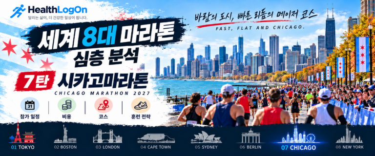 시카고 도심 스카이라인과 미시간호수 호숫가 도로를 따라 달리는 마라톤 참가자들을 배경으로 ‘세계 8대 마라톤 심층 분석 7탄 시카고마라톤’ 제목과 HealthLogOn 로고가 표시된 대표이미지.