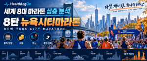 뉴욕 스카이라인과 브리지, 대규모 마라톤 참가자와 관중을 배경으로 ‘세계 8대 마라톤 심층 분석 8탄 뉴욕시티마라톤’ 제목과 HealthLogOn 로고가 표시된 대표이미지.