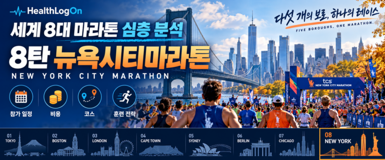 뉴욕 스카이라인과 브리지, 대규모 마라톤 참가자와 관중을 배경으로 ‘세계 8대 마라톤 심층 분석 8탄 뉴욕시티마라톤’ 제목과 HealthLogOn 로고가 표시된 대표이미지.
