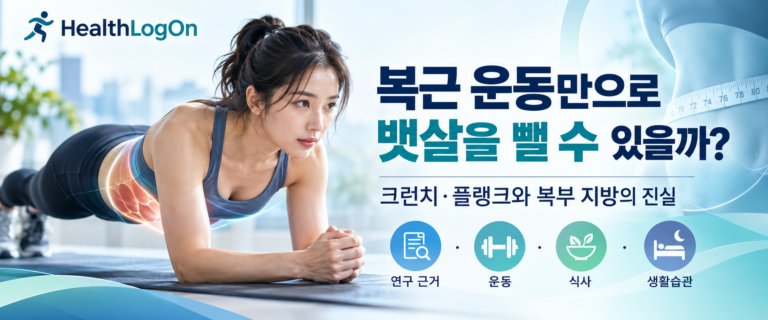 플랭크 운동을 하는 여성과 허리둘레 측정 이미지를 배경으로, 복근 운동만으로 뱃살을 뺄 수 있는지 질문하는 HealthLogOn 건강정보 대표이미지.