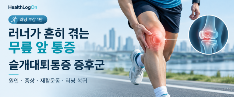 러너가 달리기 중 무릎 앞쪽을 잡고 있는 모습과 슬개골 주변 통증 부위, 무릎 관절 구조를 함께 표현한 HealthLogOn 슬개대퇴통증 심층 가이드 대표이미지