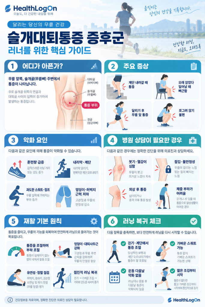 무릎 앞쪽 통증이 있는 러너를 위한 슬개대퇴통증 인포그래픽으로, 주요 증상, 악화 요인, 주의 신호, 재활운동 단계, 러닝 복귀 원칙을 한눈에 정리한 HealthLogOn 교육용 이미지