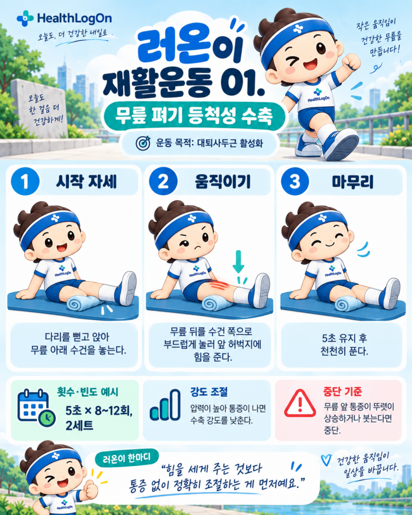 러온이가 바닥에 앉아 무릎 아래 수건을 놓고, 무릎을 수건 쪽으로 누르며 허벅지 앞 근육을 수축한 뒤 힘을 푸는 과정을 3컷으로 설명한 운동 그림