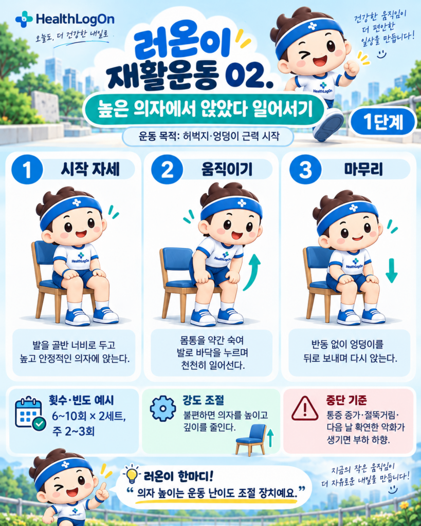 러온이가 안정적인 의자에 앉아 두 발로 바닥을 누르며 천천히 일어섰다가 반동 없이 다시 앉는 동작을 3컷으로 설명한 재활운동 인포그래픽