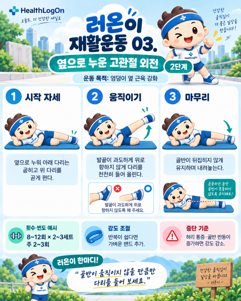 러온이가 옆으로 누워 아래쪽 다리를 굽히고 위쪽 다리를 곧게 편 상태에서 골반을 고정하며 다리를 들어 올렸다가 내리는 고관절 외전 운동 3컷 그림