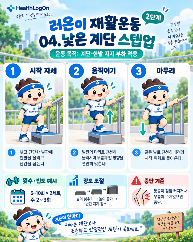 러온이가 낮고 단단한 발판에 한 발을 올리고 난간을 잡은 상태에서 발판 위로 천천히 올라섰다가 시작 위치로 내려오는 동작을 3컷으로 나타낸 재활운동 그림