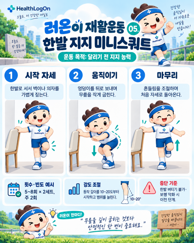 러온이가 한 발로 서서 의자를 가볍게 짚고 엉덩이를 뒤로 보내며 지지하는 무릎을 조금 굽혔다가 다시 펴는 미니스쿼트 과정을 3컷으로 설명한 그림