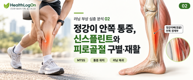 달리기 중 정강이 안쪽에 통증을 느껴 다리를 잡고 있는 러너와 경골 안쪽 뒤 경계의 통증 부위를 붉게 표시한 하퇴부 해부학 그림을 함께 배치한 HealthLogOn 신스플린트 심층 분석 대표이미지