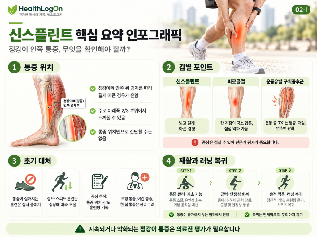 신스플린트의 경골 안쪽 통증 위치, 피로골절 및 운동유발 구획증후군과의 감별 특징, 초기 통증 관리 방법, 근력과 안정성 회복을 거쳐 단계적으로 러닝에 복귀하는 과정을 네 영역으로 정리한 HealthLogOn 인포그래픽