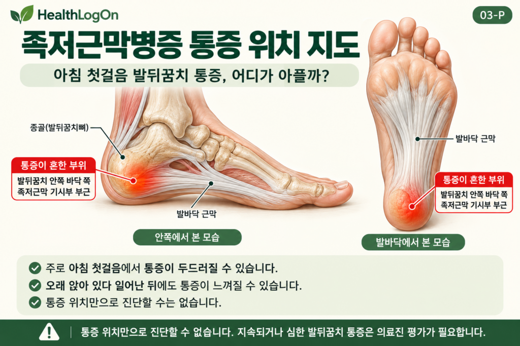 족저근막병증에서 통증이 흔히 발생하는 발뒤꿈치 안쪽 바닥 부위를 붉게 표시한 발의 측면 및 발바닥 해부학 그림. 종골과 족저근막의 위치도 함께 안내한다.