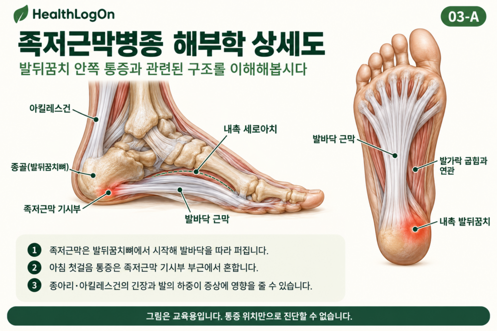 발의 안쪽 측면과 발바닥 해부학을 통해 종골, 족저근막 기시부, 내측 세로아치, 아킬레스건 및 발바닥 섬유조직의 위치 관계를 설명하는 의학 인포그래픽