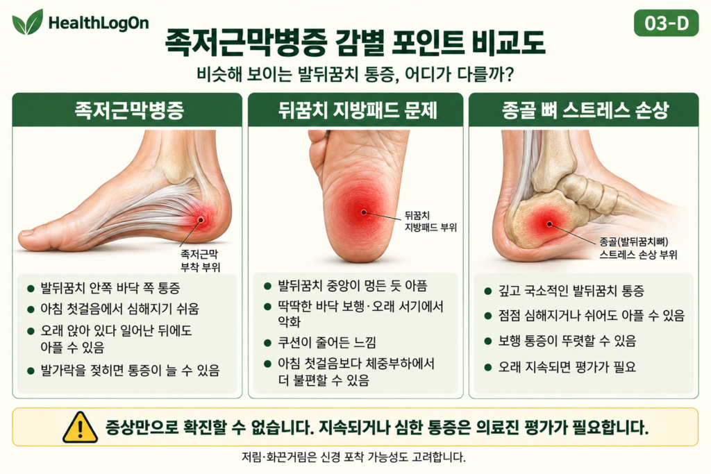 족저근막병증, 발뒤꿈치 지방패드 문제, 종골 뼈 스트레스 손상의 대표적인 통증 위치와 증상 특징을 발 해부학 그림과 함께 세 영역으로 비교한 인포그래픽